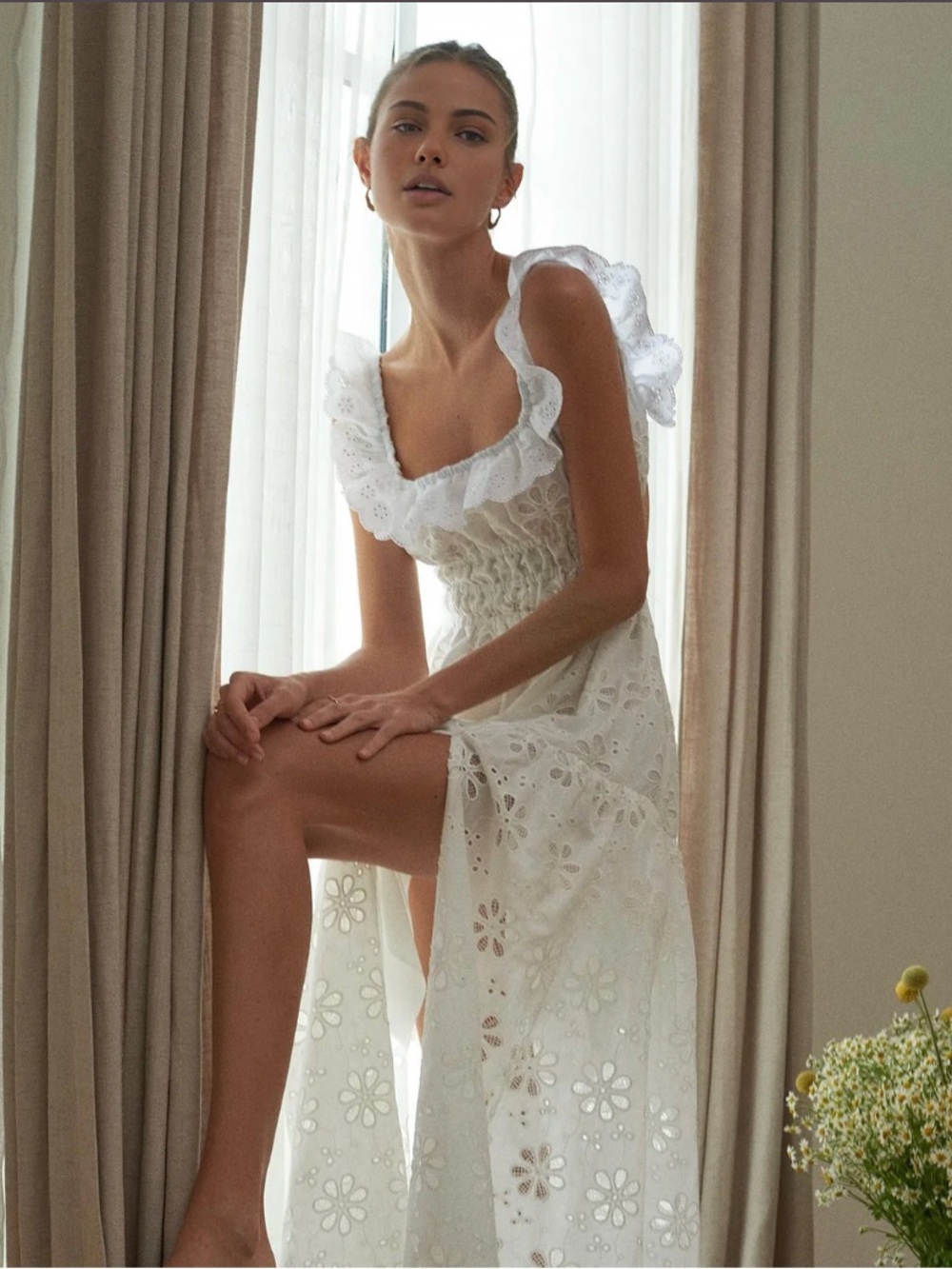 Commense White Eyelet Maxi Dress with Ruffle Straps - Picture 4 of 5